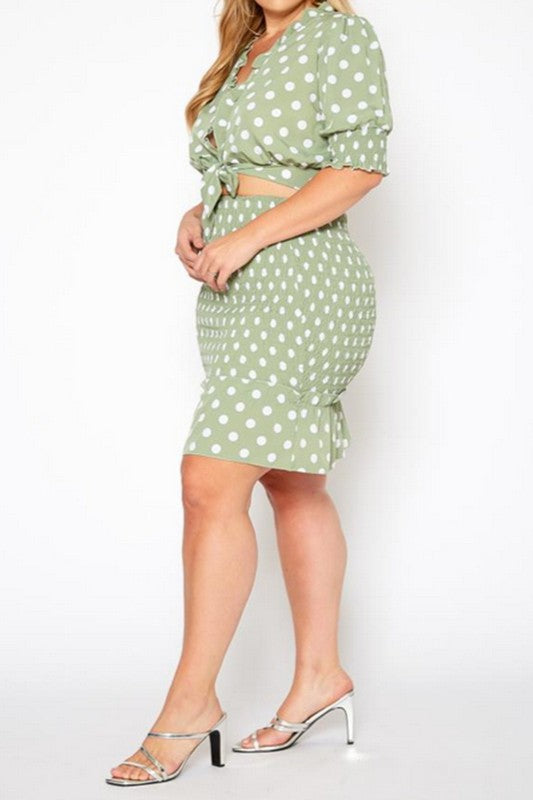 Plus Size Polka Dot Print Crop Top, Mini Skirt Set