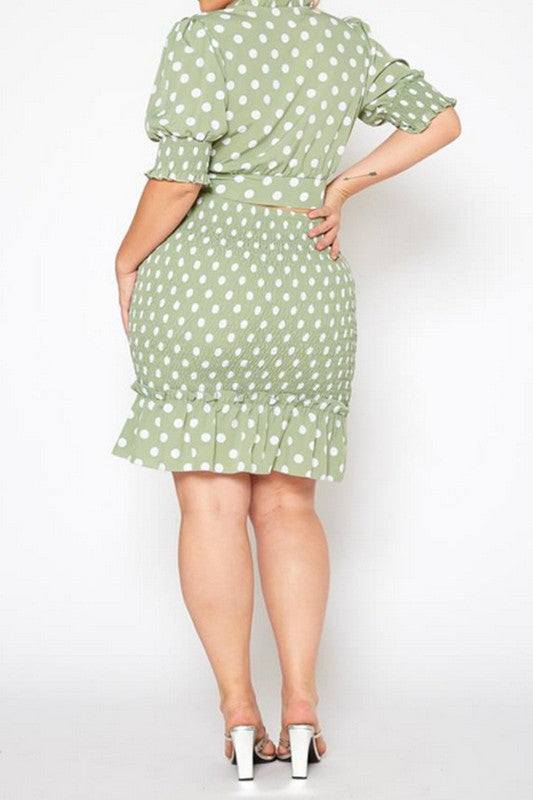 Plus Size Polka Dot Print Crop Top, Mini Skirt Set