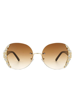 Women Rimless Round Rhinestone Oversize Sunglasses