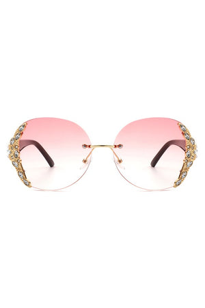 Women Rimless Round Rhinestone Oversize Sunglasses