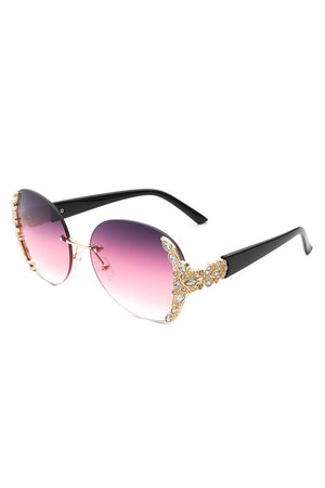 Women Rimless Round Rhinestone Oversize Sunglasses