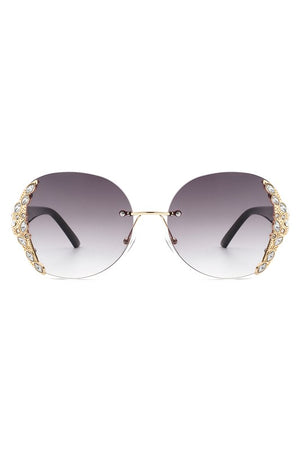 Women Rimless Round Rhinestone Oversize Sunglasses