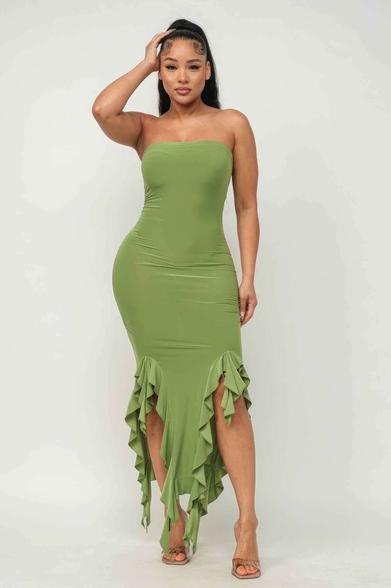 Solid Bottom Ruffle Trim Hem Slit Tube Maxi Dress