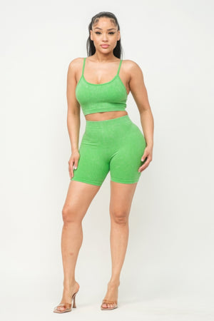 Washed Seamless Basic Tank Top And Shorts Set