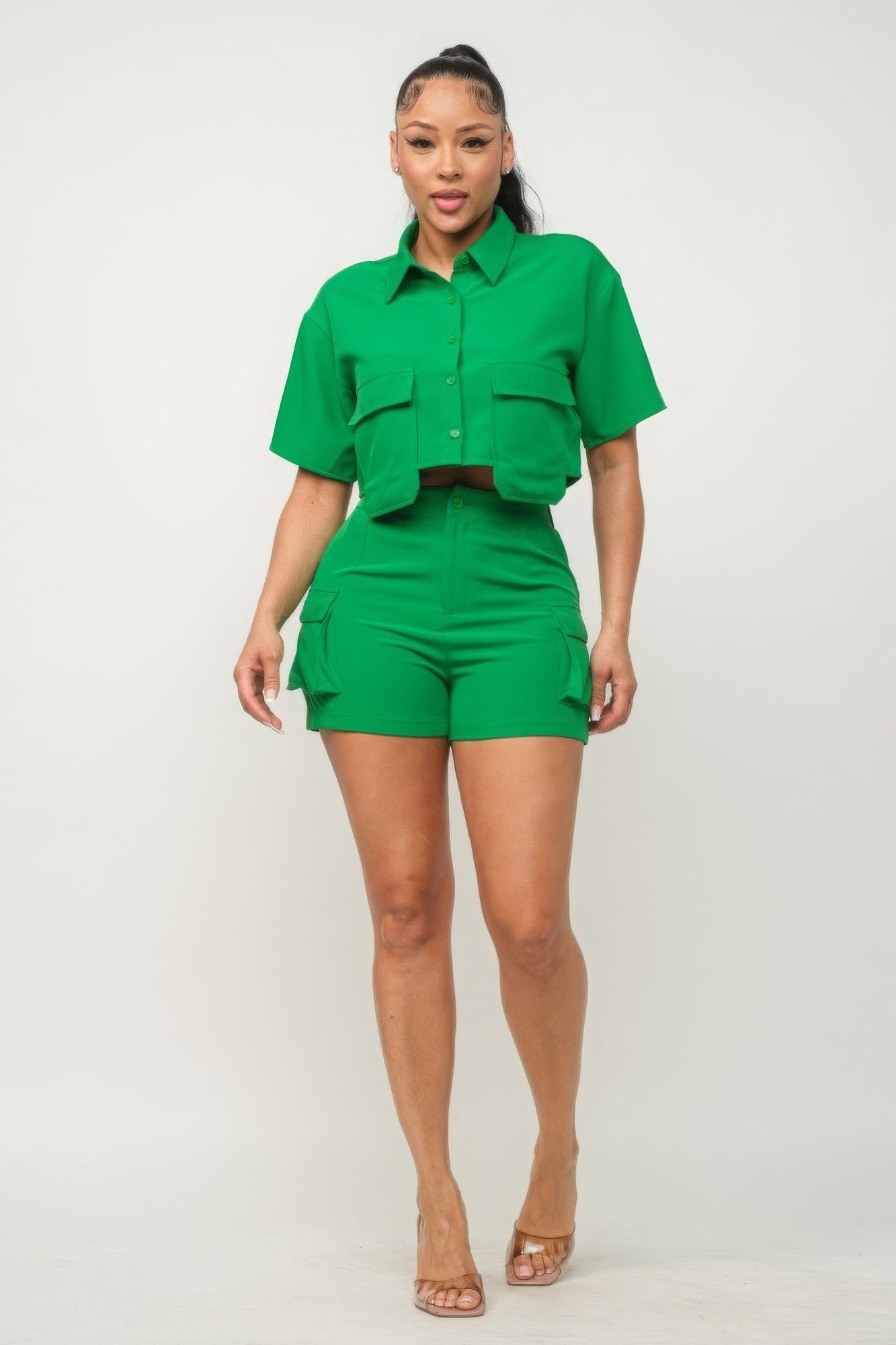 Front Button Down Side Pockets Top And Shorts Set