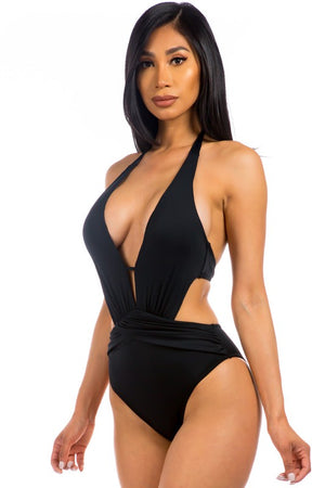 One piece Swimwear Pleated Waist and Side Cutout