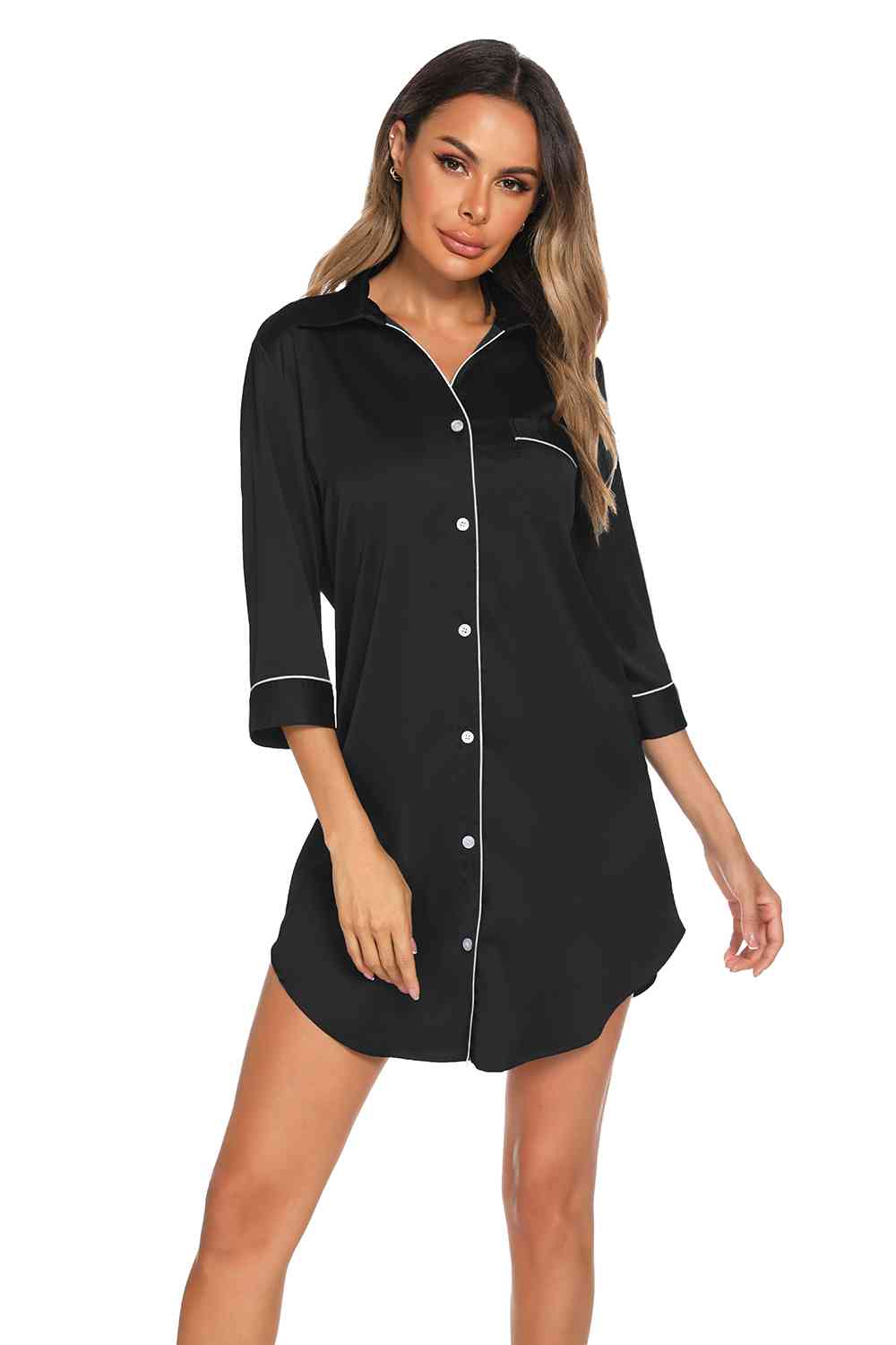 Button Up Collared Neck Night Dress with Pocket