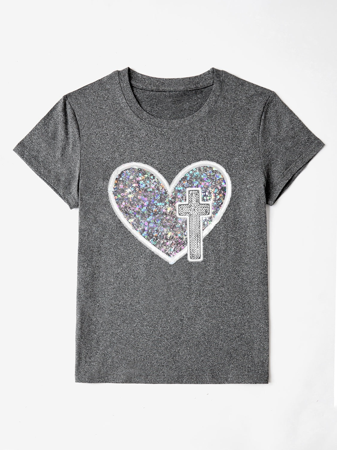 Sequin Heart Round Neck Short Sleeve T-Shirt