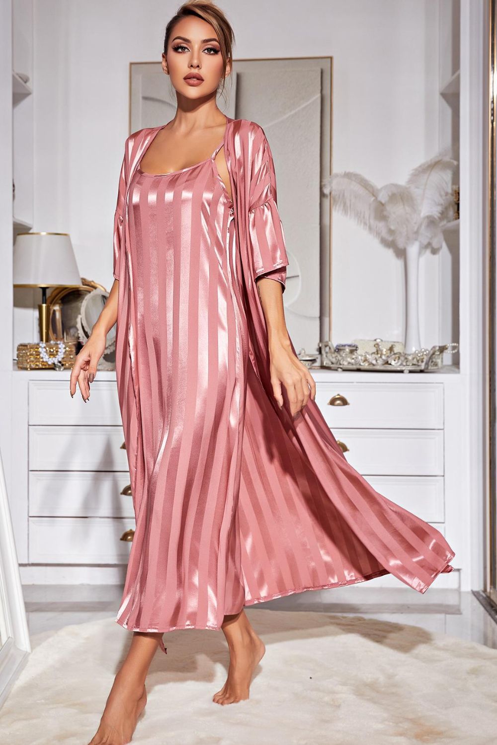 Striped Flounce Sleeve Open Front Robe and Cami Dress Set